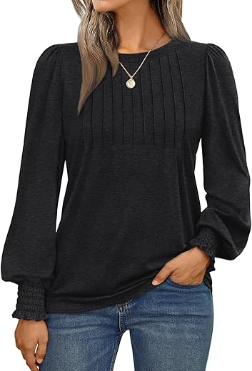 AUTOMET Long Sleeve Shirts Womens Pleated Business Casual Blouses with Smocked Cuffs