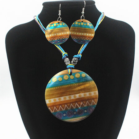 Women Fashion Vintage Bohemian Pattern Round Dangle Earrings Necklace  Set